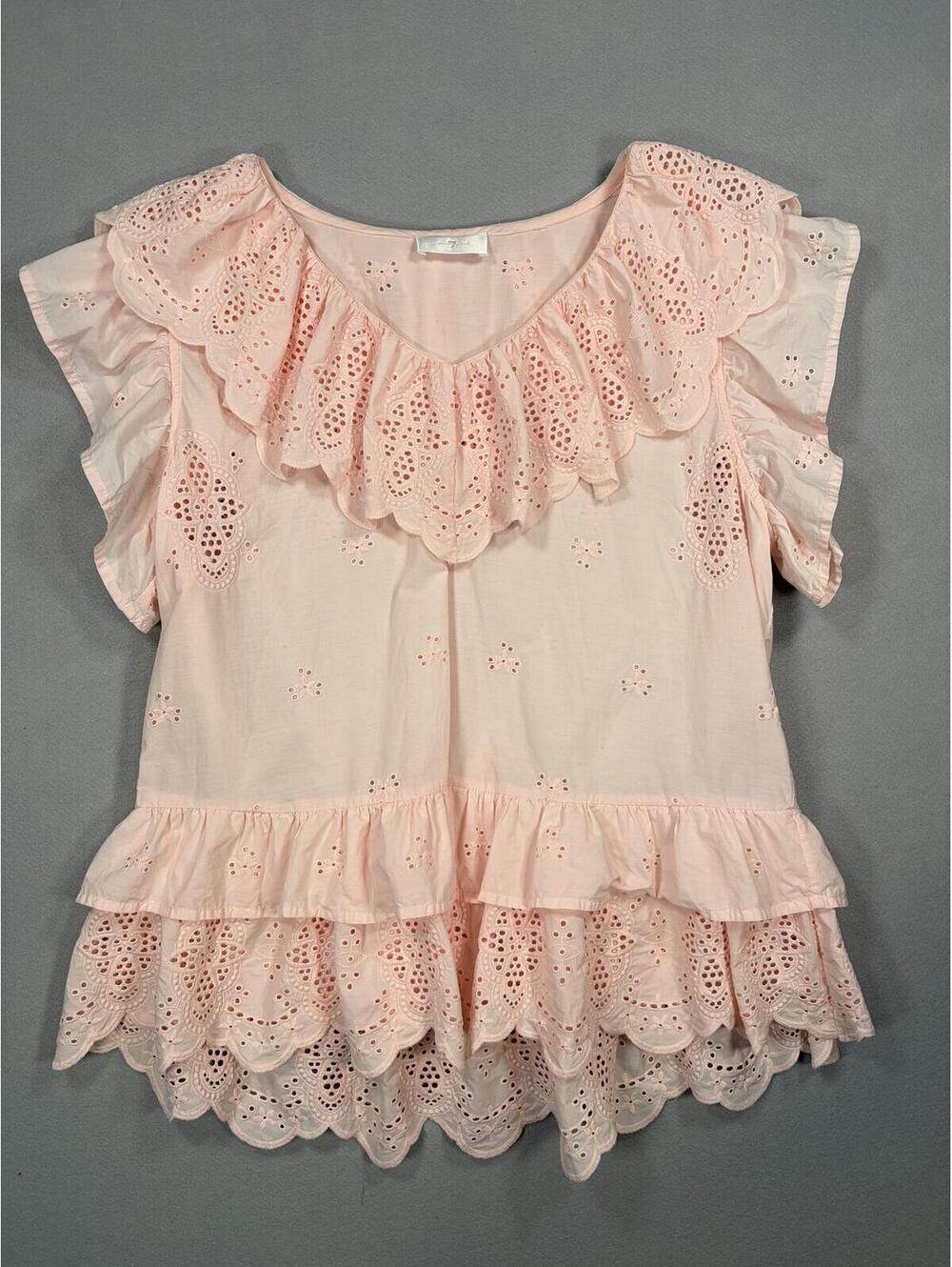 7 For All Mankind Pink Eyelet Ruffle Peplum Boho V-Neck Top Size L Girlhoodcore